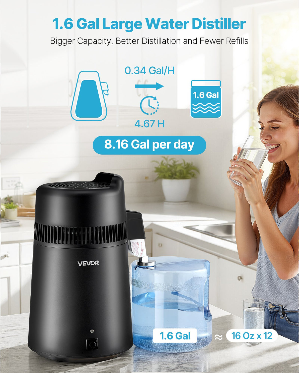 VEVOR Water Distiller, 6L 1.6 Gallon Larger Pure Water Purifier Filter For Home Table Countertop, 900W Plastic Distilled Maker, Stainless Steel Interior Drinking Machine to Make Clean Waters, Black - 6LZLSJHS6L13DEMXU001V1 - view 3
