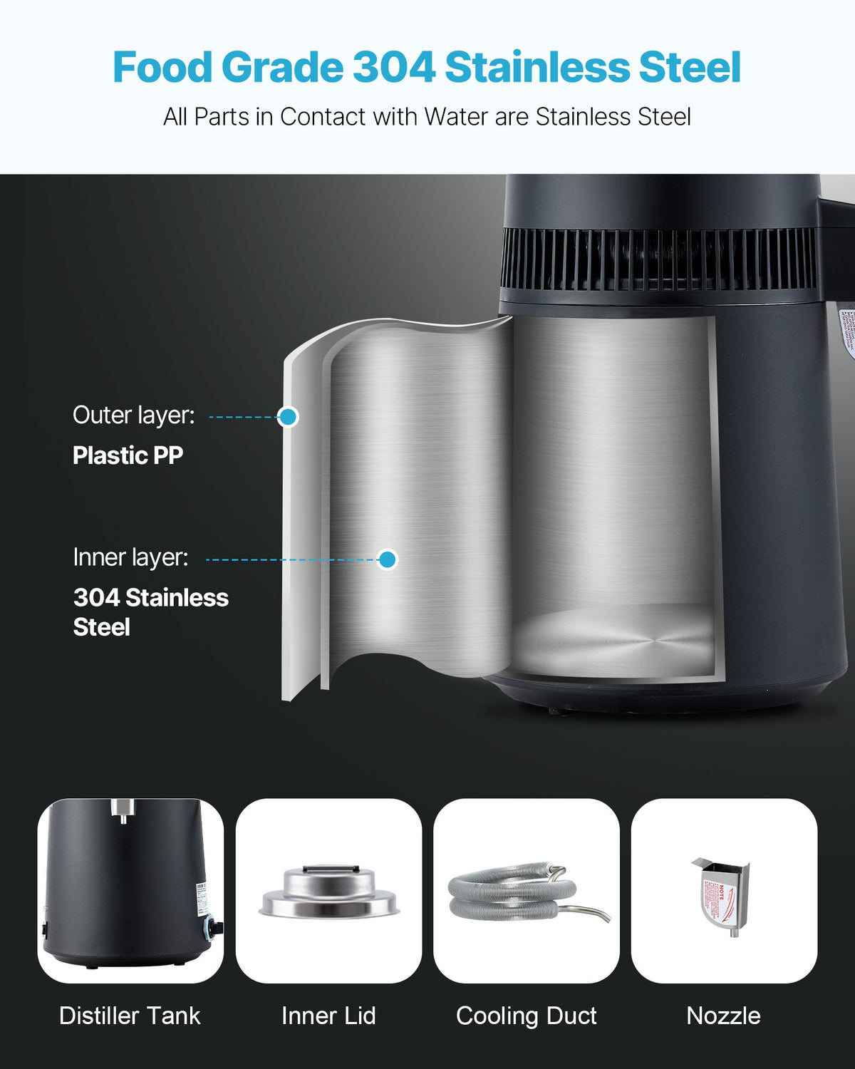 VEVOR Water Distiller, 6L 1.6 Gallon Larger Pure Water Purifier Filter For Home Table Countertop, 900W Plastic Distilled Maker, Stainless Steel Interior Drinking Machine to Make Clean Waters, Black - 6LZLSJHS6L13DEMXU001V1 - view 5