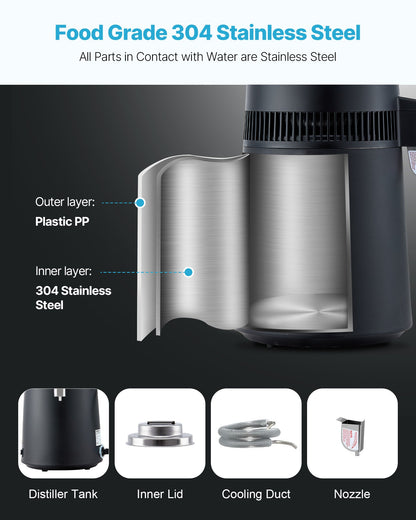 VEVOR Water Distiller, 6L 1.6 Gallon Larger Pure Water Purifier Filter For Home Table Countertop, 900W Plastic Distilled Maker, Stainless Steel Interior Drinking Machine to Make Clean Waters, Black - 6LZLSJHS6L13DEMXU001V1 - view 5