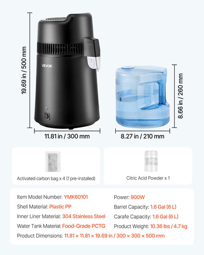 VEVOR Water Distiller, 6L 1.6 Gallon Larger Pure Water Purifier Filter For Home Table Countertop, 900W Plastic Distilled Maker, Stainless Steel Interior Drinking Machine to Make Clean Waters, Black - 6LZLSJHS6L13DEMXU001V1 - view 8