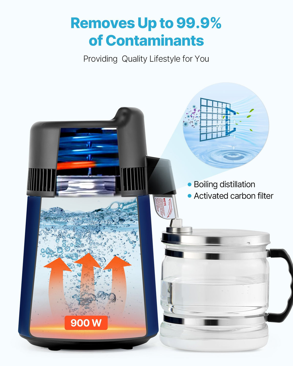 VEVOR Water Distiller, 6L 1.6 Gallon Larger Pure Water Purifier Filter For Home Table Countertop, 900W Glass Pot Distilled Maker, Stainless Steel Body Drinking Machine to Make Clean Waters, Blue-Black - 6LZLSJLH6L13ZTWML001V1 - view 4