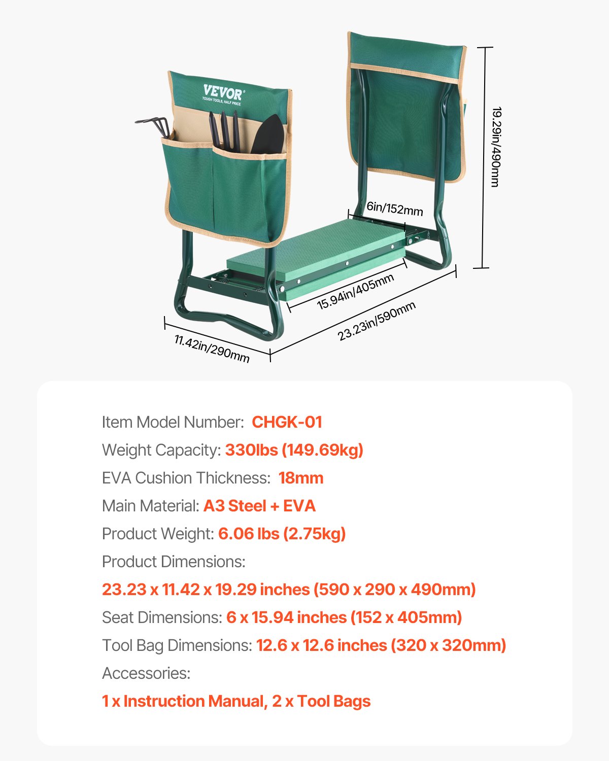 VEVOR Garden Kneeler and Seat, 6 in Wide Kneeling Pad, Heavy Duty Garden Kneeling Stool, Folding Garden Seat with 2 Tool Bags, Relieve Knee & Back Pain, Portable Garden Bench for Women Grandparents - 6YCGDJKZDK2GGCLRN001V0 - view 8