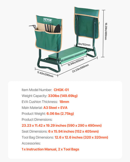 VEVOR Garden Kneeler and Seat, 6 in Wide Kneeling Pad, Heavy Duty Garden Kneeling Stool, Folding Garden Seat with 2 Tool Bags, Relieve Knee & Back Pain, Portable Garden Bench for Women Grandparents - 6YCGDJKZDK2GGCLRN001V0 - view 8