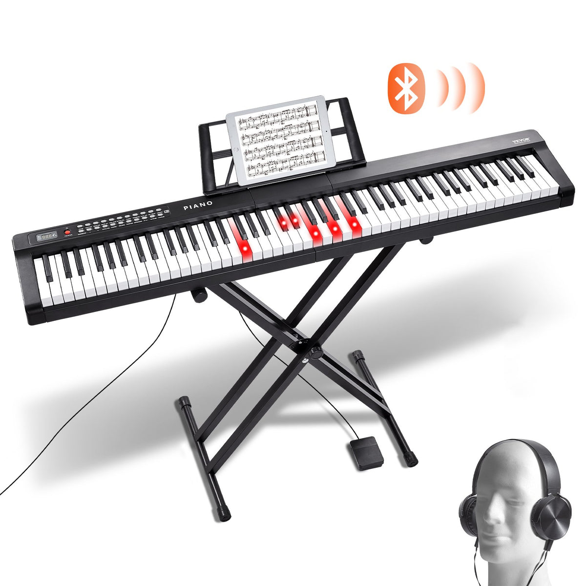 VEVOR 88 Key Digital Piano Keyboard, Semi Weighted Keys, Full Size Electric Keyboard Piano Set with Adjustable Stand Built-In Speakers Sustain Pedal Headphones, Bluetooth MIDI USB for Beginners - 88JBPZSMGQ88N6BDSV1 - view 1