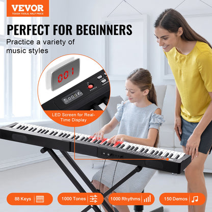 VEVOR 88 Key Digital Piano Keyboard, Semi Weighted Keys, Full Size Electric Keyboard Piano Set with Adjustable Stand Built-In Speakers Sustain Pedal Headphones, Bluetooth MIDI USB for Beginners - 88JBPZSMGQ88N6BDSV1 - view 3