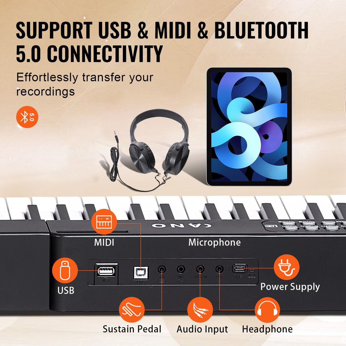 VEVOR 88 Key Digital Piano Keyboard, Semi Weighted Keys, Full Size Electric Keyboard Piano Set with Adjustable Stand Built-In Speakers Sustain Pedal Headphones, Bluetooth MIDI USB for Beginners - 88JBPZSMGQ88N6BDSV1 - view 5