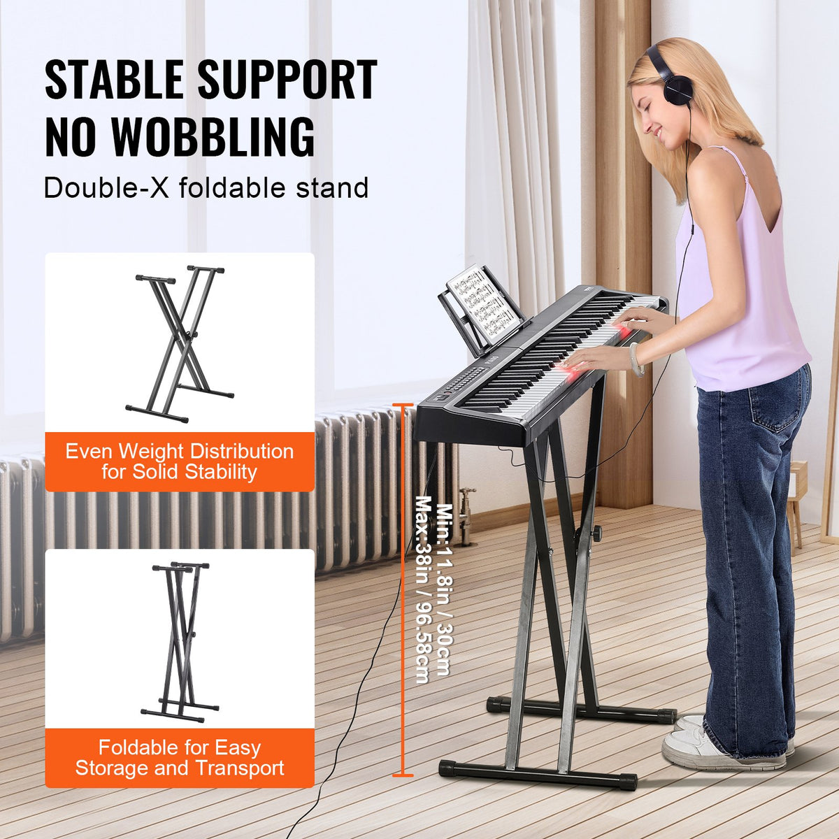 VEVOR 88 Key Digital Piano Keyboard, Semi Weighted Keys, Full Size Electric Keyboard Piano Set with Adjustable Stand Built-In Speakers Sustain Pedal Headphones, Bluetooth MIDI USB for Beginners - 88JBPZSMGQ88N6BDSV1 - view 7