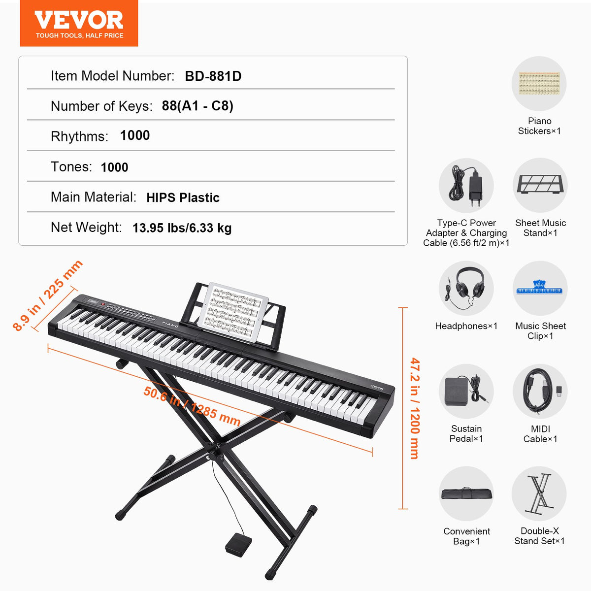 VEVOR 88 Key Digital Piano Keyboard, Semi Weighted Keys, Full Size Electric Keyboard Piano Set with Adjustable Stand Built-In Speakers Sustain Pedal Headphones, Bluetooth MIDI USB for Beginners - 88JBPZSMGQ88N6BDSV1 - view 8