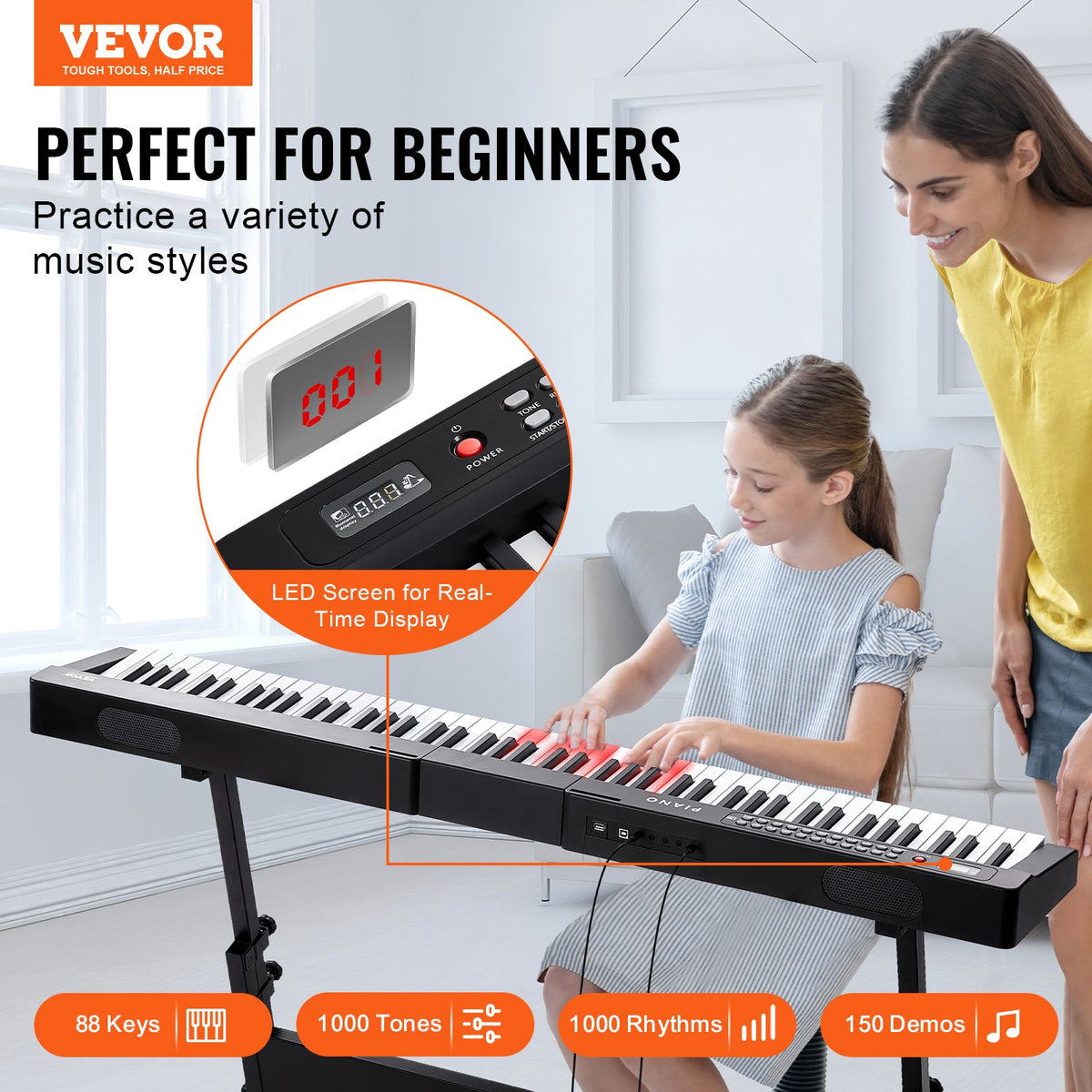VEVOR 88 Key Digital Piano Keyboard, Semi Weighted Keys, Full Size Electric Portable Keyboard Piano Set with 1000 Tones Built-In Speakers Sustain Pedal Headphones, Bluetooth MIDI USB for Beginners - 88JBPZSMGQ88WU1LTV1 - view 3