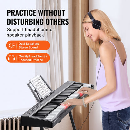 VEVOR 88 Key Digital Piano Keyboard, Semi Weighted Keys, Full Size Electric Portable Keyboard Piano Set with 1000 Tones Built-In Speakers Sustain Pedal Headphones, Bluetooth MIDI USB for Beginners - 88JBPZSMGQ88WU1LTV1 - view 7