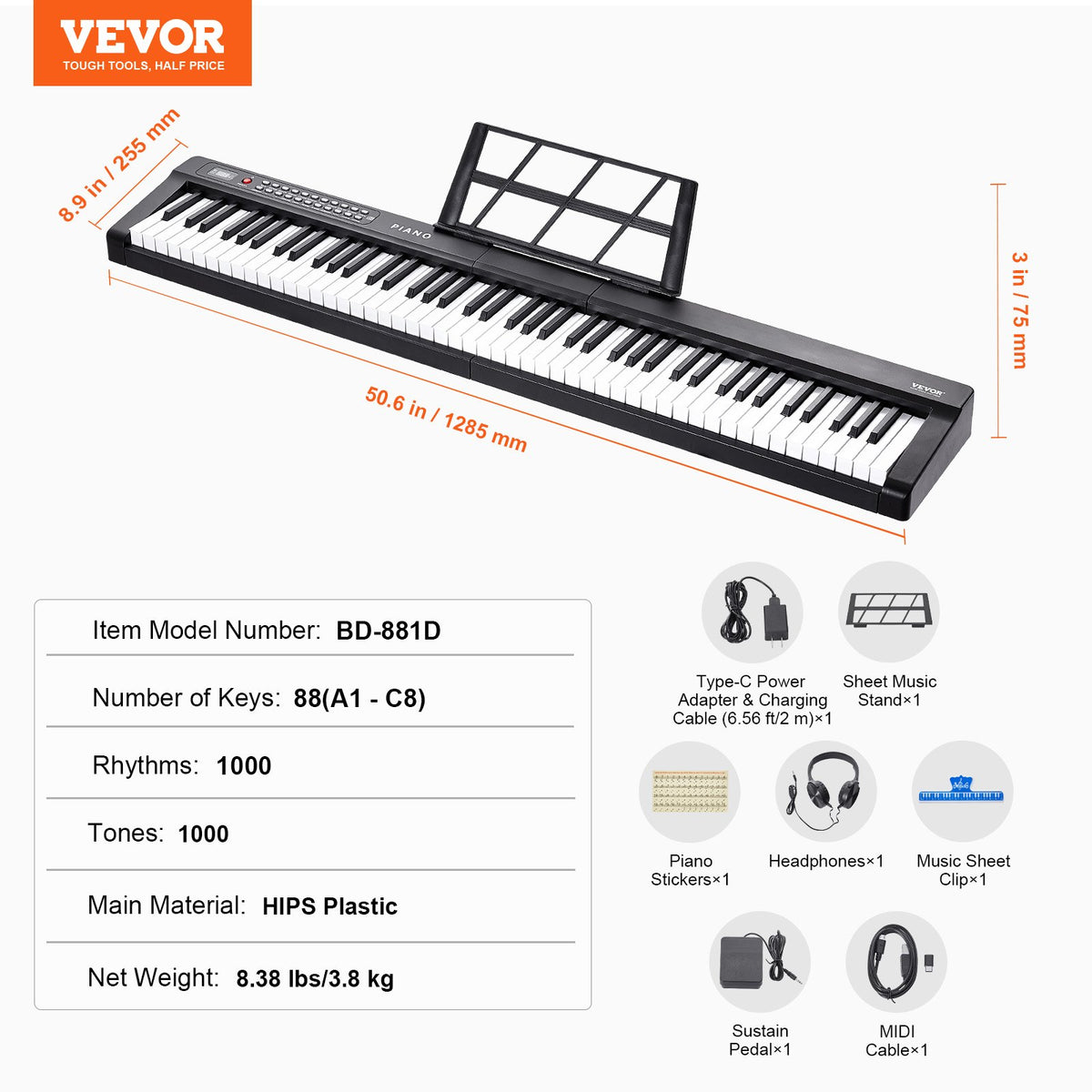 VEVOR 88 Key Digital Piano Keyboard, Semi Weighted Keys, Full Size Electric Portable Keyboard Piano Set with 1000 Tones Built-In Speakers Sustain Pedal Headphones, Bluetooth MIDI USB for Beginners - 88JBPZSMGQ88WU1LTV1 - view 8