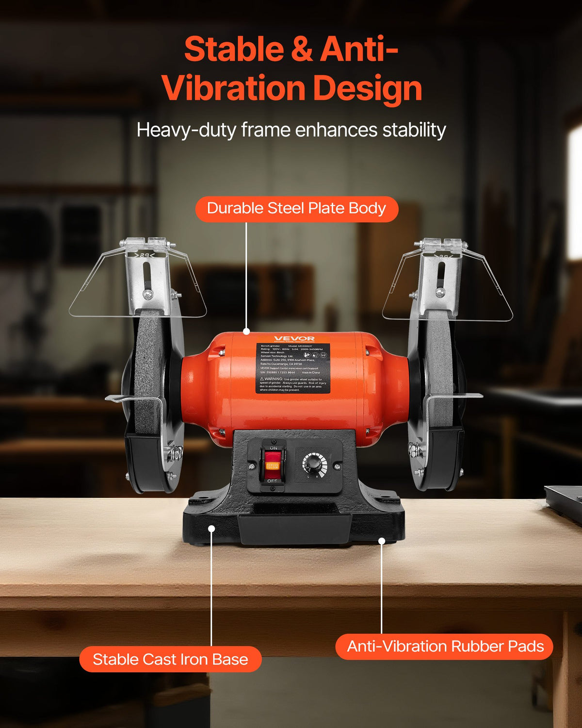 VEVOR Bench Grinder, 8-inch Variable Speed Bench Grinder, 2000-3450RPM Table Grinders with 550W 5.0A Induction Motor, 36/60-Grit Grinding Wheel & Adjustable Eye Shield for Sharpening Grinding - 8INCHTSMCBS8H71PH001V1 - view 7