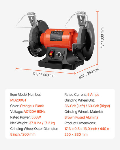 VEVOR Bench Grinder, 8-inch Variable Speed Bench Grinder, 2000-3450RPM Table Grinders with 550W 5.0A Induction Motor, 36/60-Grit Grinding Wheel & Adjustable Eye Shield for Sharpening Grinding - 8INCHTSMCBS8H71PH001V1 - view 8