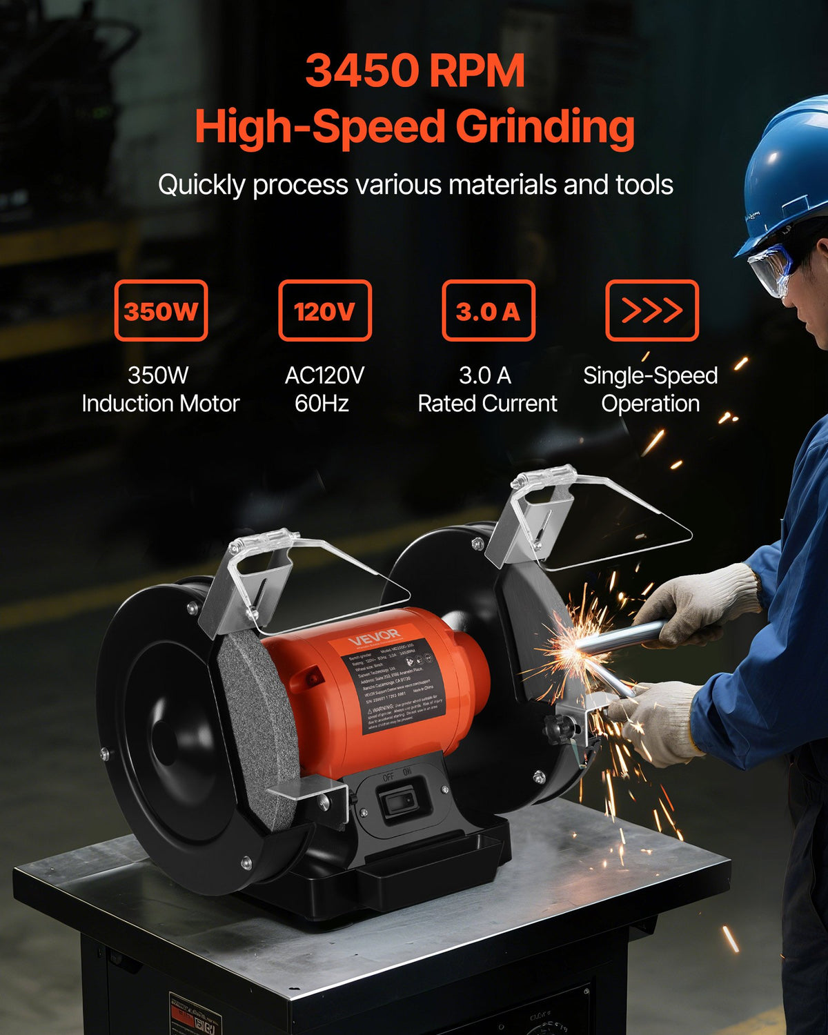 VEVOR Bench Grinder, 8-inch Single Speed Bench Grinder, 3450RPM High-Speed Table Grinders with 350W 3.0A Induction Motor, 36/60-Grit Grinding Wheel & Adjustable Eye Shield for Fast Sharpening Grinding - 8INCHTSMCDS81OL6B001V1 - view 3