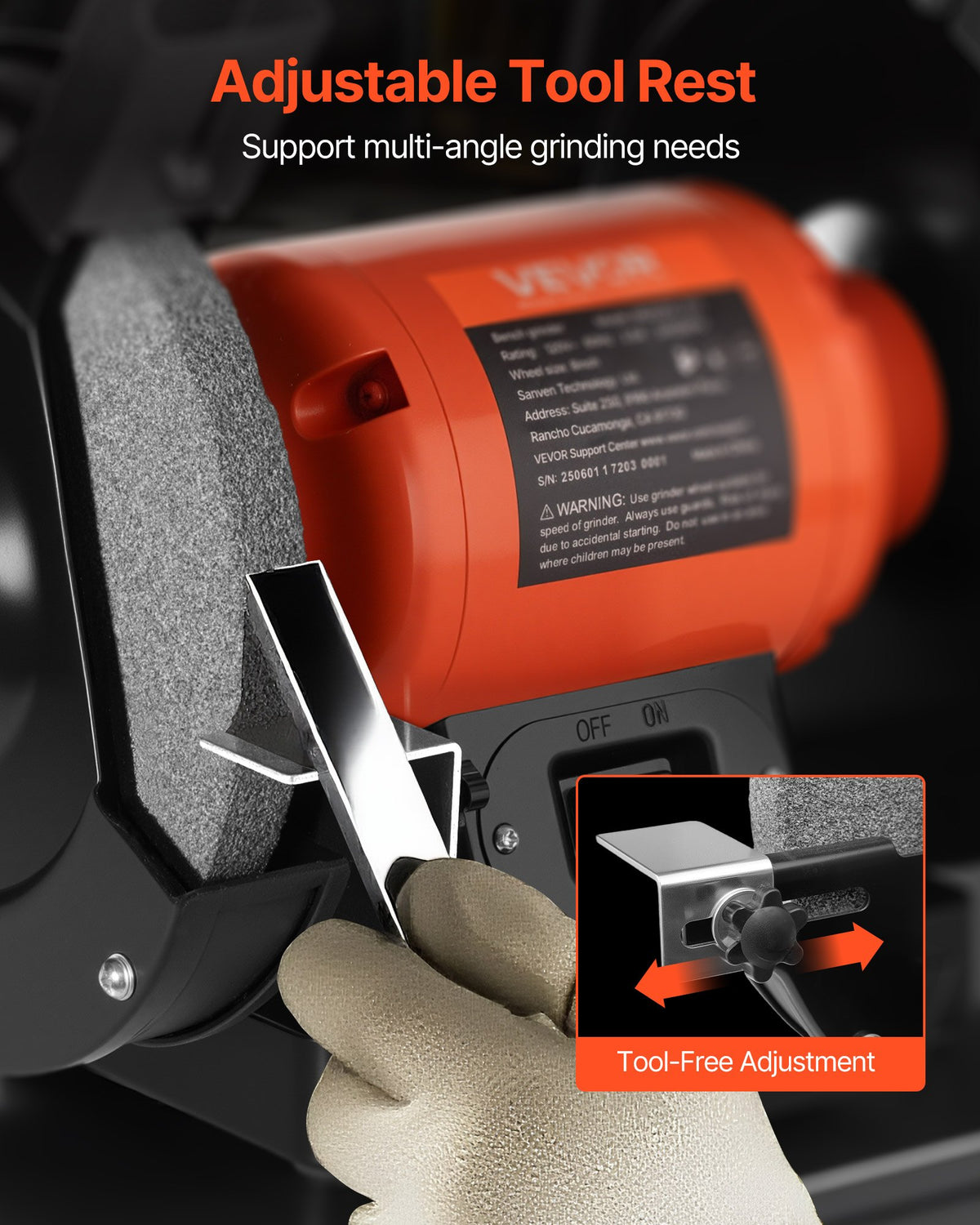VEVOR Bench Grinder, 8-inch Single Speed Bench Grinder, 3450RPM High-Speed Table Grinders with 350W 3.0A Induction Motor, 36/60-Grit Grinding Wheel & Adjustable Eye Shield for Fast Sharpening Grinding - 8INCHTSMCDS81OL6B001V1 - view 6