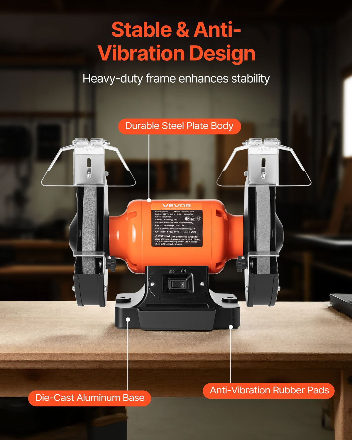 VEVOR Bench Grinder, 8-inch Single Speed Bench Grinder, 3450RPM High-Speed Table Grinders with 350W 3.0A Induction Motor, 36/60-Grit Grinding Wheel & Adjustable Eye Shield for Fast Sharpening Grinding - 8INCHTSMCDS81OL6B001V1 - view 7