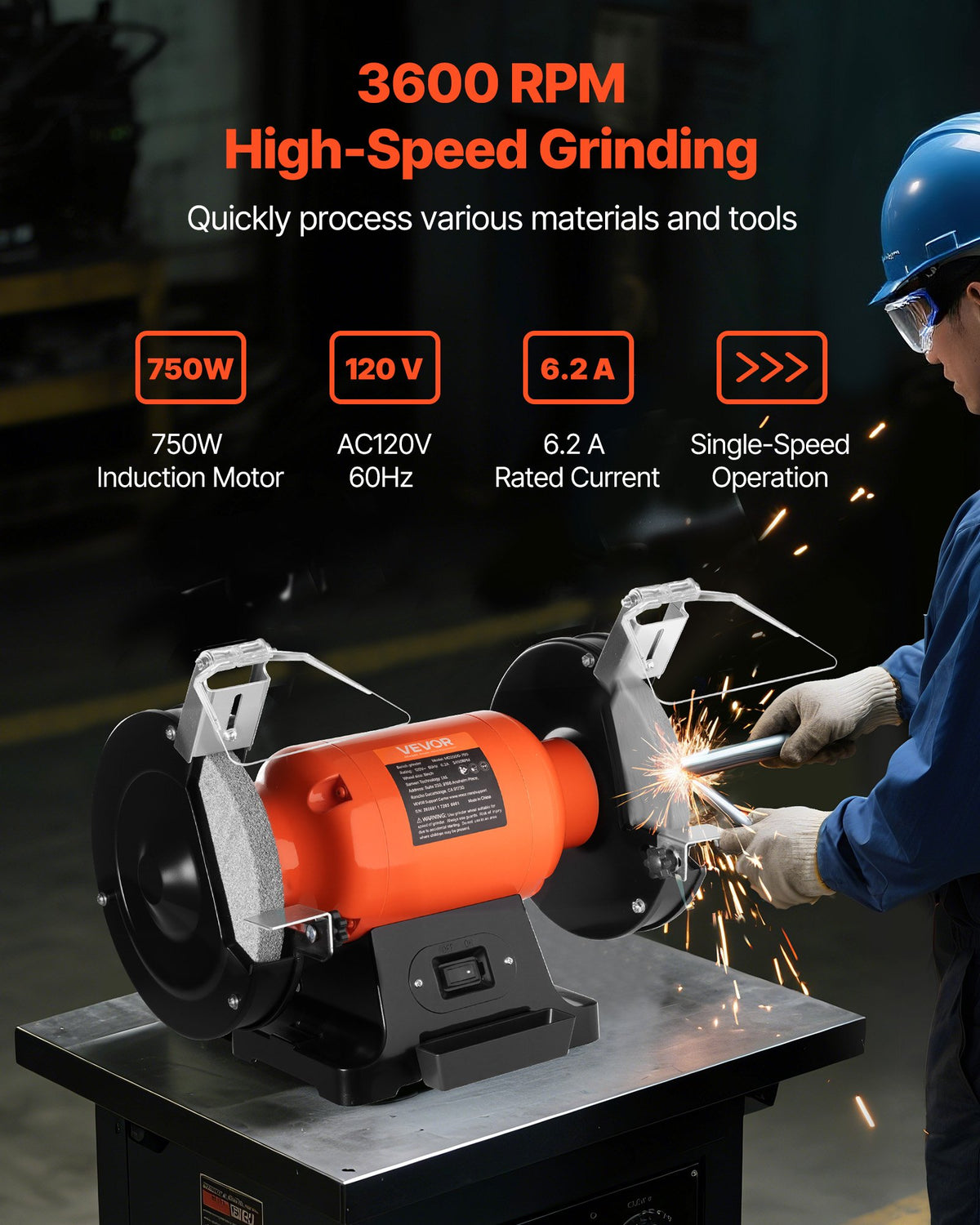 VEVOR Bench Grinder, 8-inch Single Speed Bench Grinder, 3450RPM High-Speed Table Grinders with 750W 6.2A Induction Motor, 36/60-Grit Grinding Wheel & Adjustable Eye Shield for Fast Sharpening Grinding - 8INCHTSMCDS87LBUX001V1 - view 3