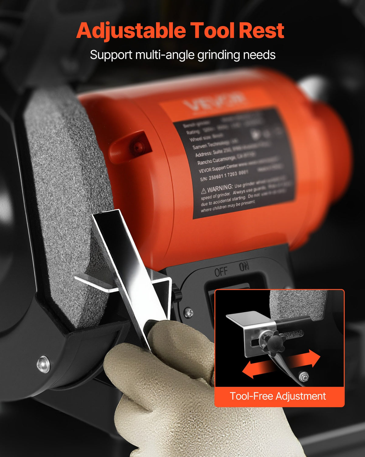 VEVOR Bench Grinder, 8-inch Single Speed Bench Grinder, 3450RPM High-Speed Table Grinders with 750W 6.2A Induction Motor, 36/60-Grit Grinding Wheel & Adjustable Eye Shield for Fast Sharpening Grinding - 8INCHTSMCDS87LBUX001V1 - view 6