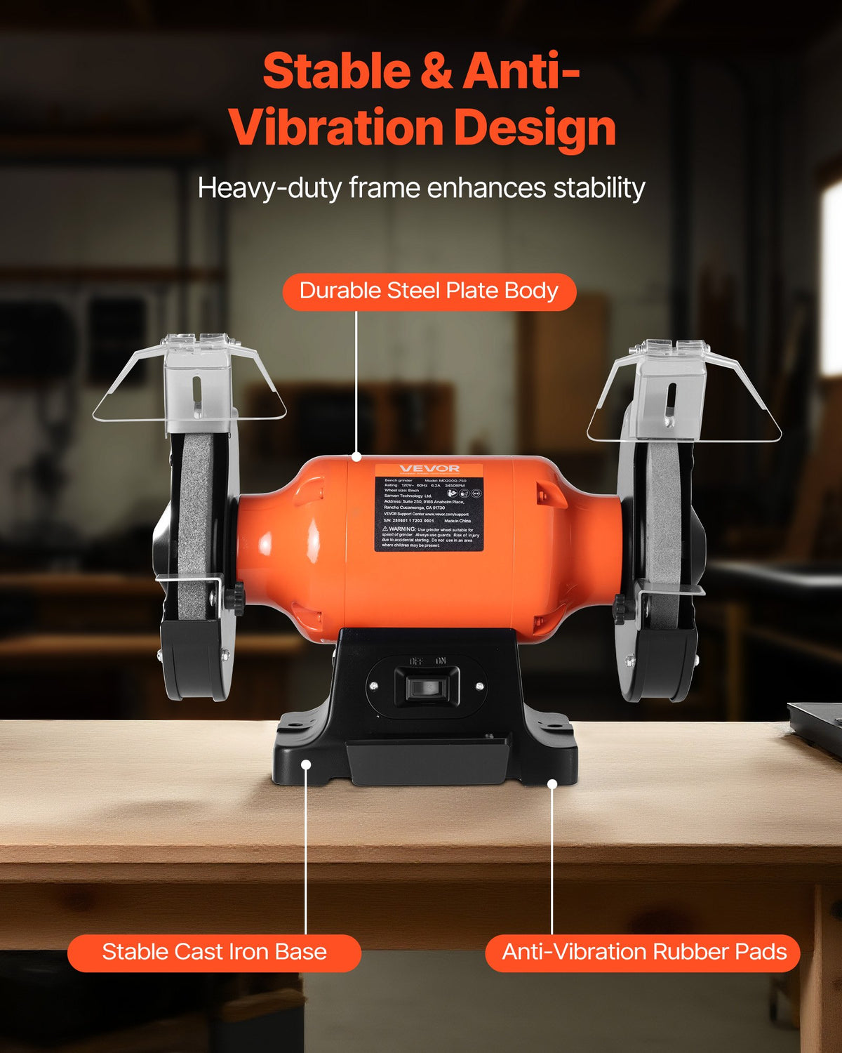 VEVOR Bench Grinder, 8-inch Single Speed Bench Grinder, 3450RPM High-Speed Table Grinders with 750W 6.2A Induction Motor, 36/60-Grit Grinding Wheel & Adjustable Eye Shield for Fast Sharpening Grinding - 8INCHTSMCDS87LBUX001V1 - view 7