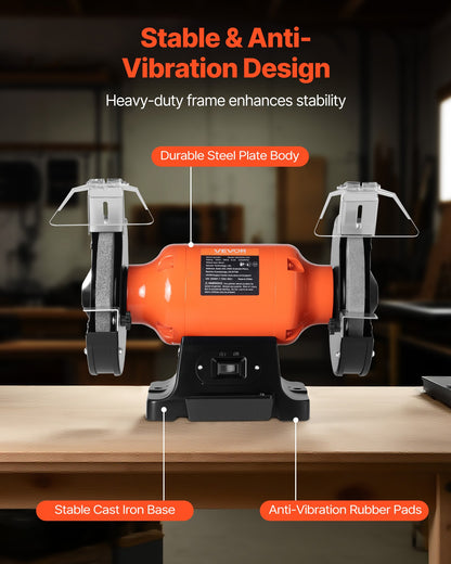 VEVOR Bench Grinder, 8-inch Single Speed Bench Grinder, 3450RPM High-Speed Table Grinders with 750W 6.2A Induction Motor, 36/60-Grit Grinding Wheel & Adjustable Eye Shield for Fast Sharpening Grinding - 8INCHTSMCDS87LBUX001V1 - view 7