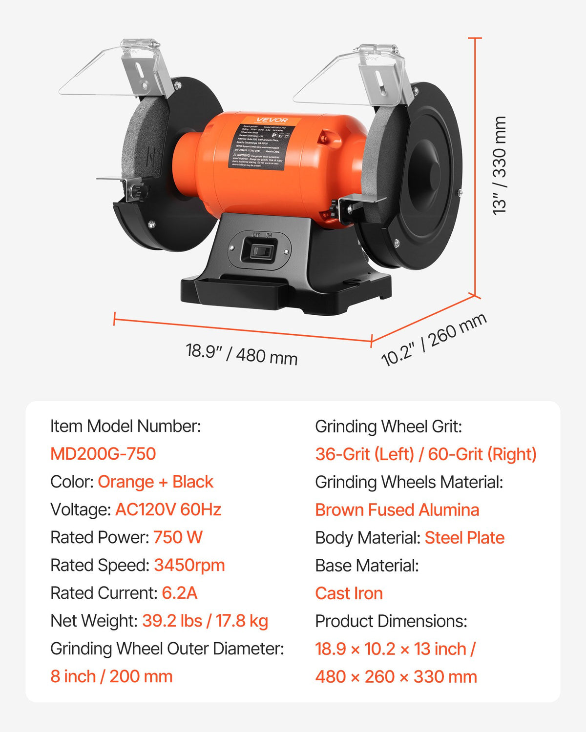 VEVOR Bench Grinder, 8-inch Single Speed Bench Grinder, 3450RPM High-Speed Table Grinders with 750W 6.2A Induction Motor, 36/60-Grit Grinding Wheel & Adjustable Eye Shield for Fast Sharpening Grinding - 8INCHTSMCDS87LBUX001V1 - view 8