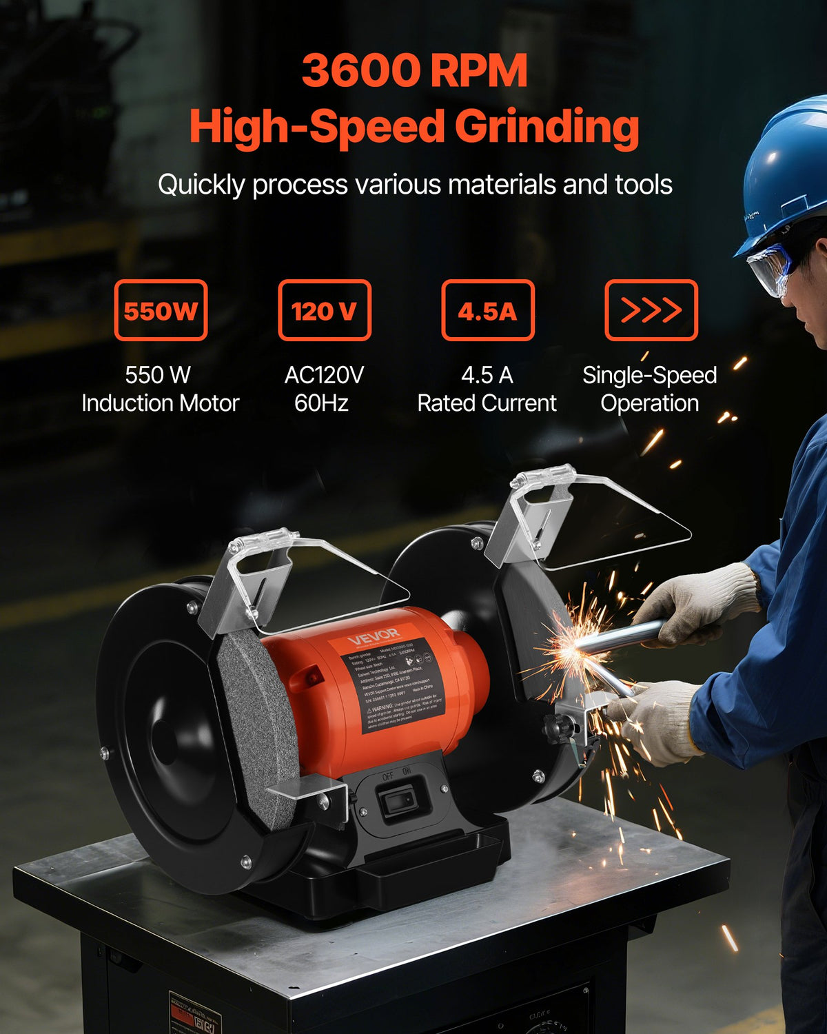 VEVOR Bench Grinder, 8-inch Single Speed Bench Grinder, 3450RPM High-Speed Table Grinders with 550W 4.5A Induction Motor, 36/60-Grit Grinding Wheel & Adjustable Eye Shield for Fast Sharpening Grinding - 8INCHTSMCDS8X5T0T001V1 - view 3