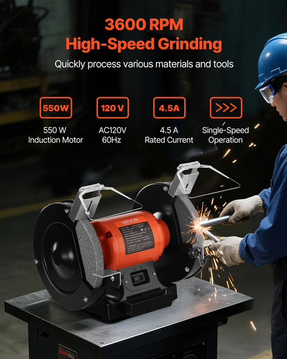 VEVOR Bench Grinder, 8-inch Single Speed Bench Grinder, 3450RPM High-Speed Table Grinders with 550W 4.5A Induction Motor, 36/60-Grit Grinding Wheel & Adjustable Eye Shield for Fast Sharpening Grinding - 8INCHTSMCDS8X5T0T001V1 - view 3