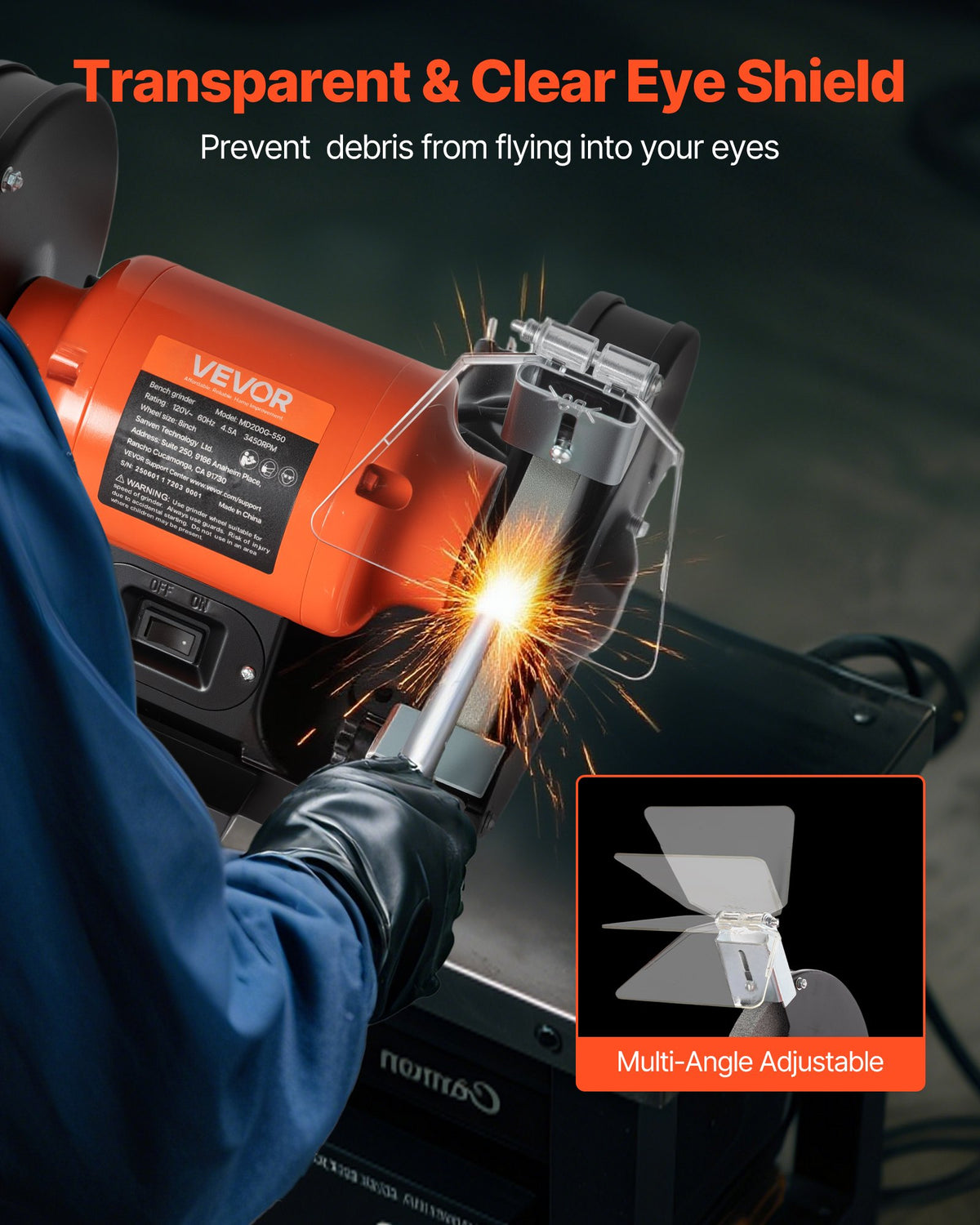 VEVOR Bench Grinder, 8-inch Single Speed Bench Grinder, 3450RPM High-Speed Table Grinders with 550W 4.5A Induction Motor, 36/60-Grit Grinding Wheel & Adjustable Eye Shield for Fast Sharpening Grinding - 8INCHTSMCDS8X5T0T001V1 - view 5