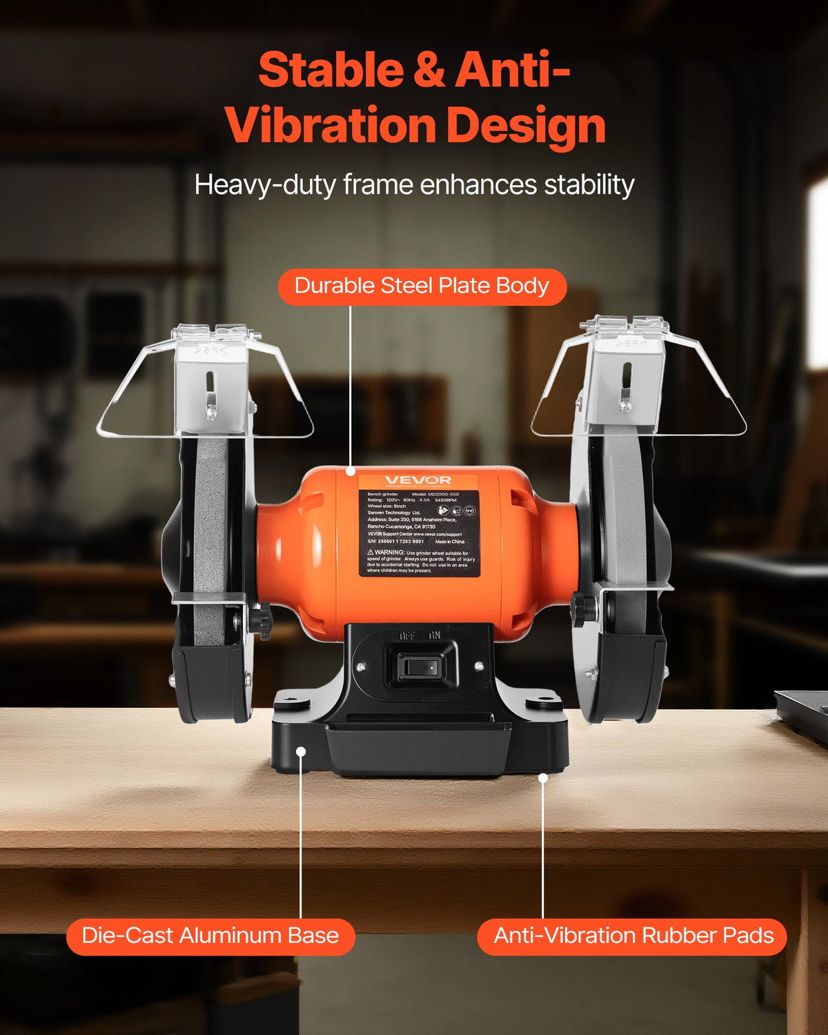 VEVOR Bench Grinder, 8-inch Single Speed Bench Grinder, 3450RPM High-Speed Table Grinders with 550W 4.5A Induction Motor, 36/60-Grit Grinding Wheel & Adjustable Eye Shield for Fast Sharpening Grinding - 8INCHTSMCDS8X5T0T001V1 - view 7