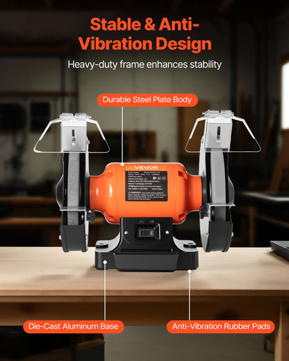 VEVOR Bench Grinder, 8-inch Single Speed Bench Grinder, 3450RPM High-Speed Table Grinders with 550W 4.5A Induction Motor, 36/60-Grit Grinding Wheel & Adjustable Eye Shield for Fast Sharpening Grinding - 8INCHTSMCDS8X5T0T001V1 - view 7