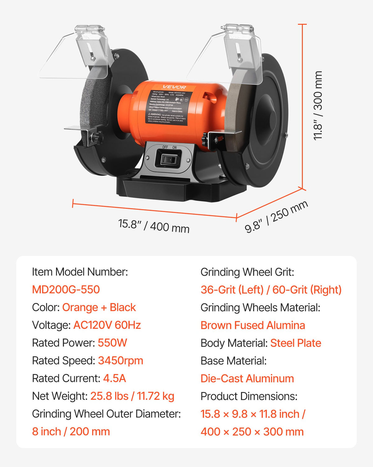 VEVOR Bench Grinder, 8-inch Single Speed Bench Grinder, 3450RPM High-Speed Table Grinders with 550W 4.5A Induction Motor, 36/60-Grit Grinding Wheel & Adjustable Eye Shield for Fast Sharpening Grinding - 8INCHTSMCDS8X5T0T001V1 - view 8