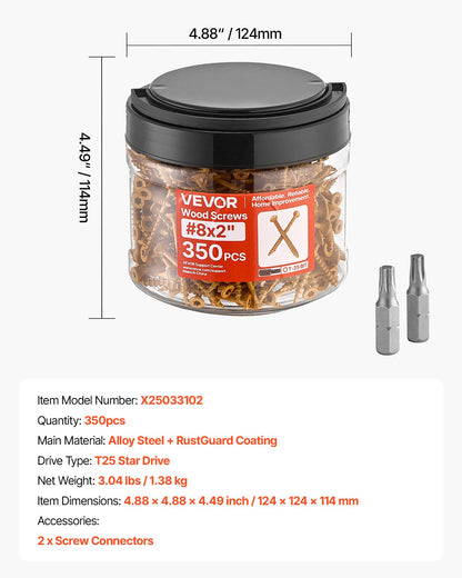VEVOR Wood Screws 350 PCS, #8 x 2-Inch Anti-Rust Coated, Exterior Deck Screw Torx/T25 Star Drive, Metal Rust-Resistant Outdoor Decking Screws with 2 Screw Connectors, for Decking Fencing Framing - 8MLD300400G3PZIFN001V0 - view 8