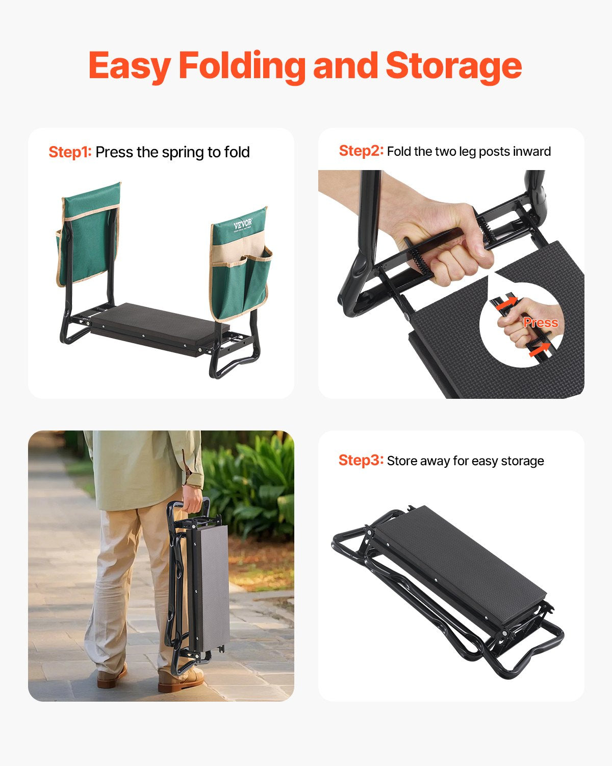 VEVOR Garden Kneeler and Seat, 8 in Wide Kneeling Pad, Heavy Duty Garden Kneeling Stool, Folding Garden Seat with 2 Tool Bags, Relieve Knee & Back Pain, Portable Garden Bench for Women Grandparents - 8YCGDJL60314HJQ2C003V0 - view 7