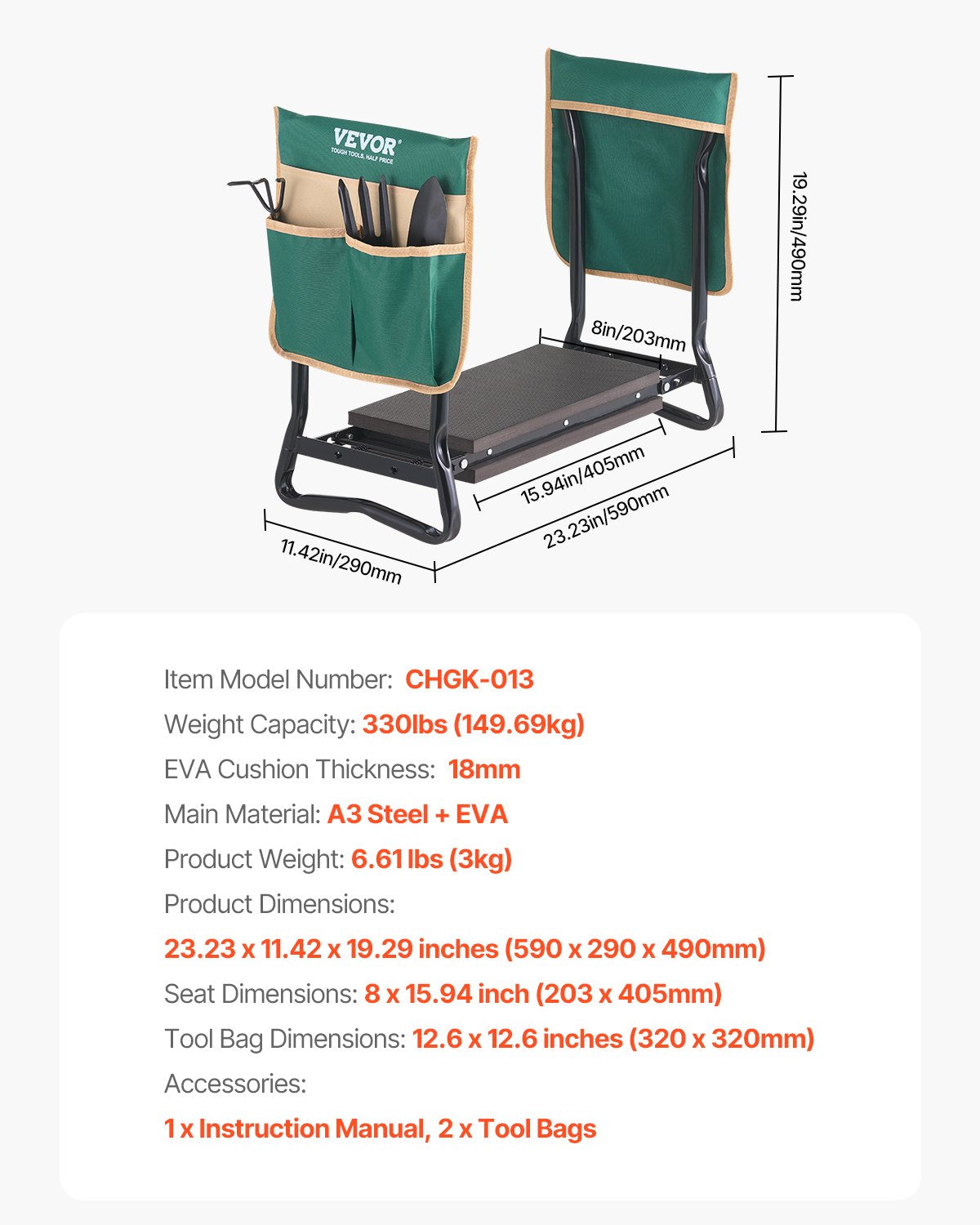 VEVOR Garden Kneeler and Seat, 8 in Wide Kneeling Pad, Heavy Duty Garden Kneeling Stool, Folding Garden Seat with 2 Tool Bags, Relieve Knee & Back Pain, Portable Garden Bench for Women Grandparents - 8YCGDJL60314HJQ2C003V0 - view 8