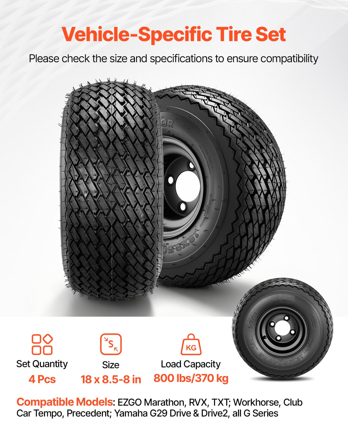 VEVOR Golf Cart Wheels, 8" 18x8.50-8 Black Steel Golf Cart Tires and Wheels Combo (Set of 4) Fit Club Car, EZGO, Yamaha, 4 Ply Rubber 4-Lug Lawn Mower Tires & Rims Assembly, 800 lbs Load, All-Terrain - 8YCLZ8INCH4PAPOK2001V0 - view 3