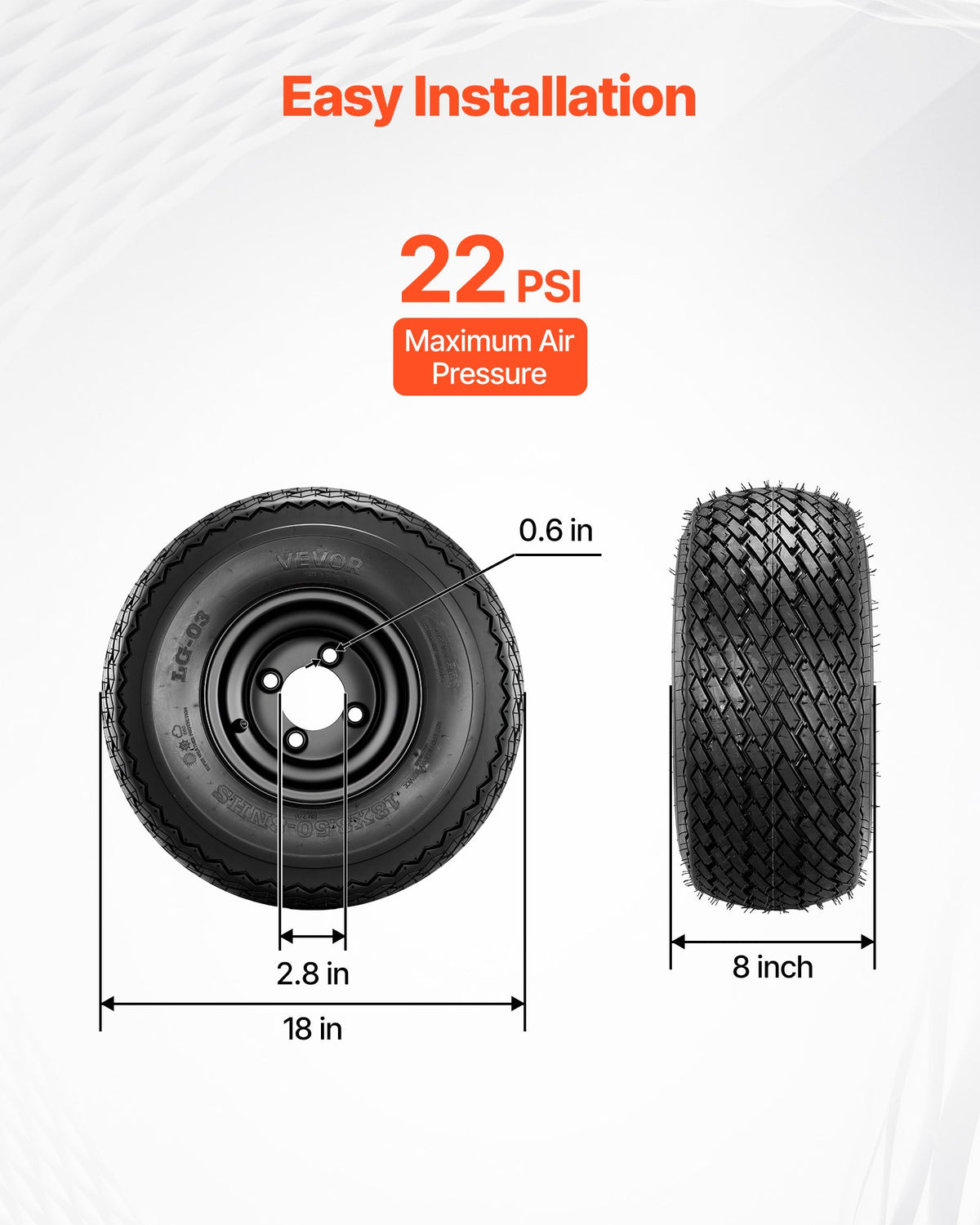 VEVOR Golf Cart Wheels, 8" 18x8.50-8 Black Steel Golf Cart Tires and Wheels Combo (Set of 4) Fit Club Car, EZGO, Yamaha, 4 Ply Rubber 4-Lug Lawn Mower Tires & Rims Assembly, 800 lbs Load, All-Terrain - 8YCLZ8INCH4PAPOK2001V0 - view 7