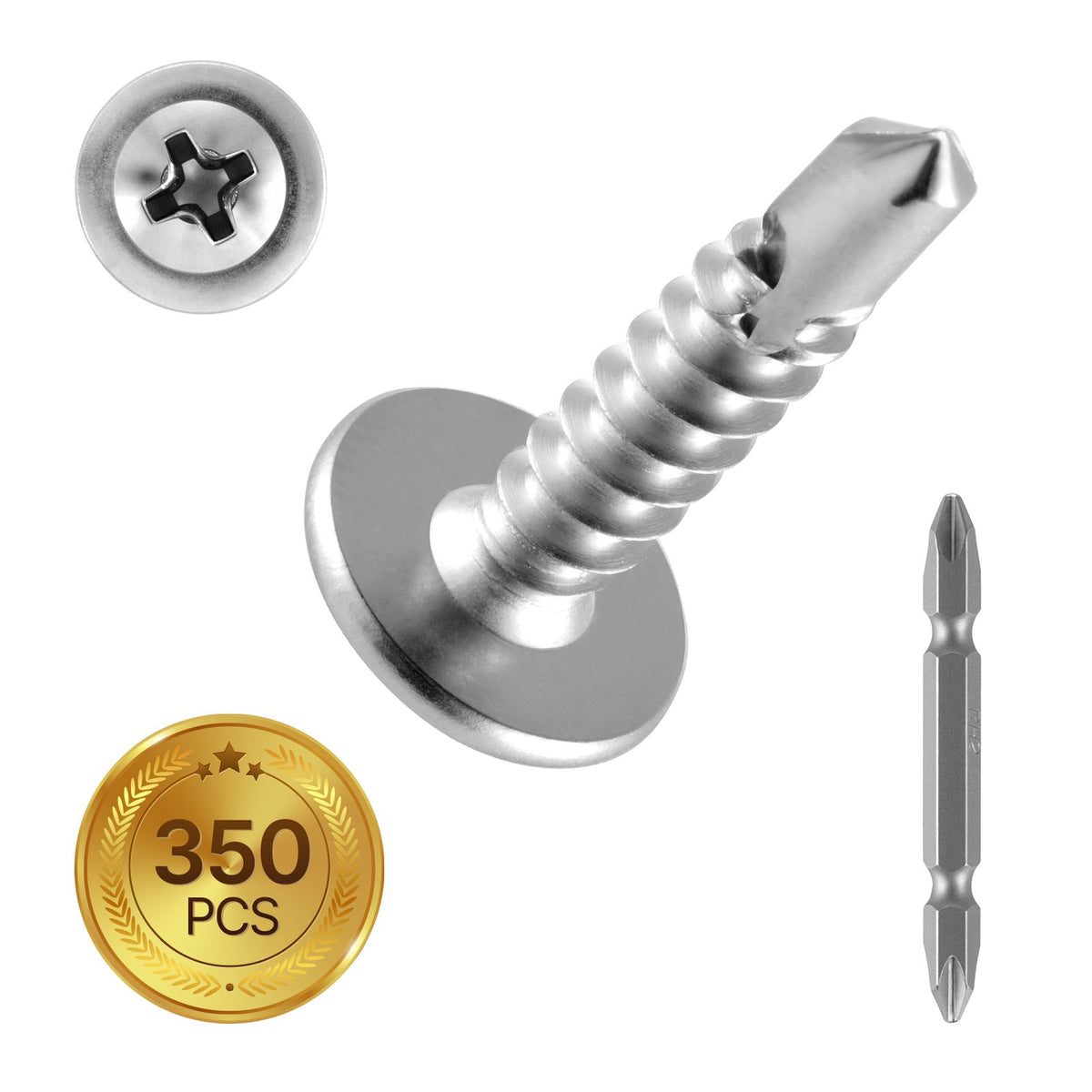 VEVOR #8 Self Drilling Wood Screws, 3/4 Inch Long 350 PCS Truss Head Wood Screws, Phillips Drive Quick Metal Self Tapping Screw, Stainless Steel and Full Thread, Screwdriver Bit Included, Silver - 8ZZLD300400GUZRER001V0 - view 1