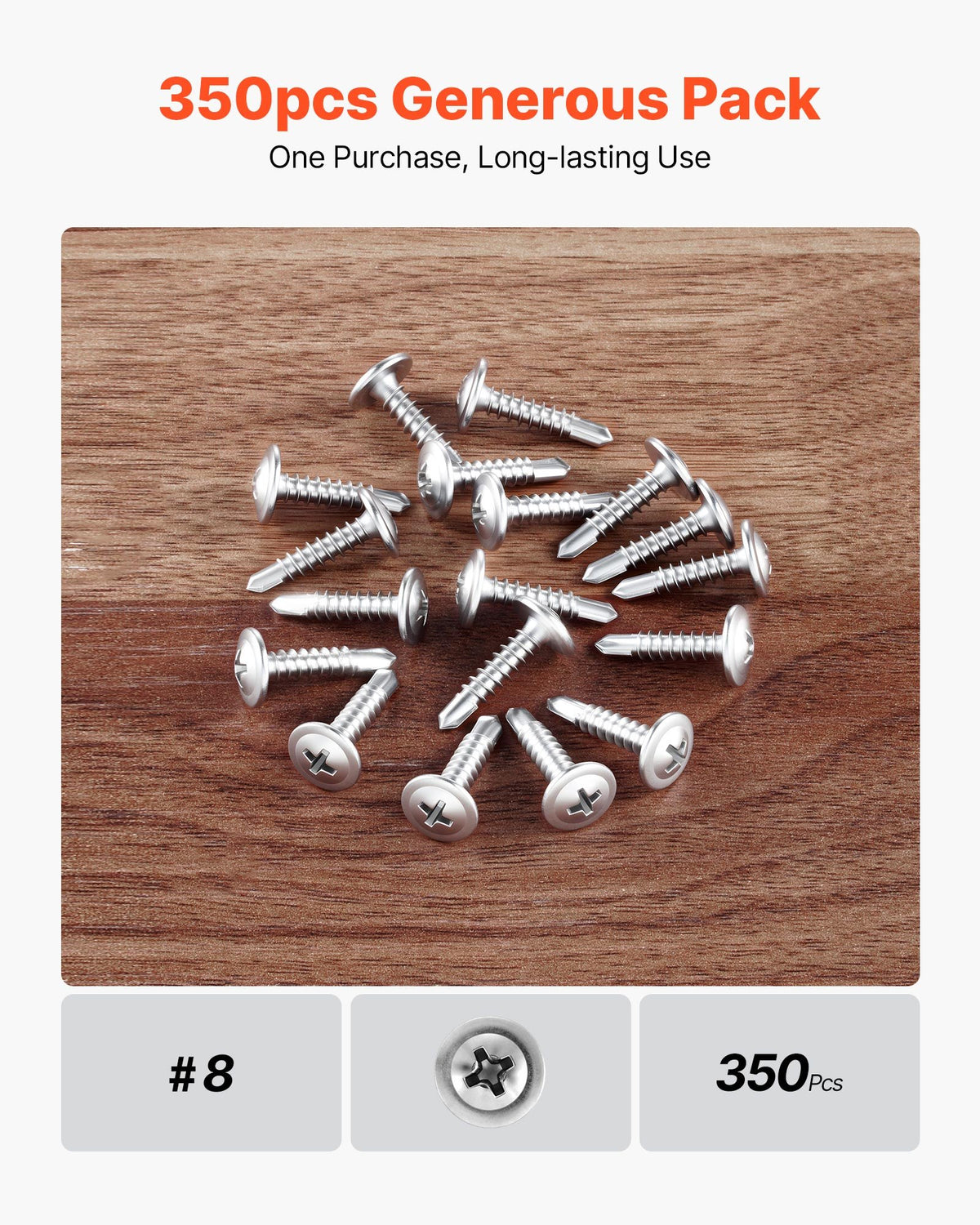 VEVOR #8 Self Drilling Wood Screws, 3/4 Inch Long 350 PCS Truss Head Wood Screws, Phillips Drive Quick Metal Self Tapping Screw, Stainless Steel and Full Thread, Screwdriver Bit Included, Silver - 8ZZLD300400GUZRER001V0 - view 3