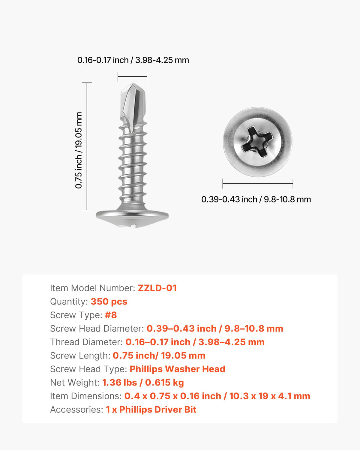 VEVOR #8 Self Drilling Wood Screws, 3/4 Inch Long 350 PCS Truss Head Wood Screws, Phillips Drive Quick Metal Self Tapping Screw, Stainless Steel and Full Thread, Screwdriver Bit Included, Silver - 8ZZLD300400GUZRER001V0 - view 8