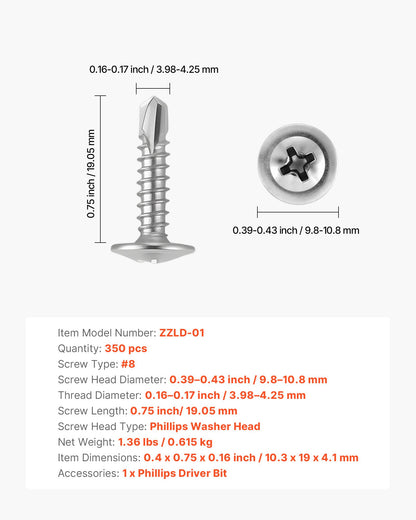 VEVOR #8 Self Drilling Wood Screws, 3/4 Inch Long 350 PCS Truss Head Wood Screws, Phillips Drive Quick Metal Self Tapping Screw, Stainless Steel and Full Thread, Screwdriver Bit Included, Silver - 8ZZLD300400GUZRER001V0 - view 8