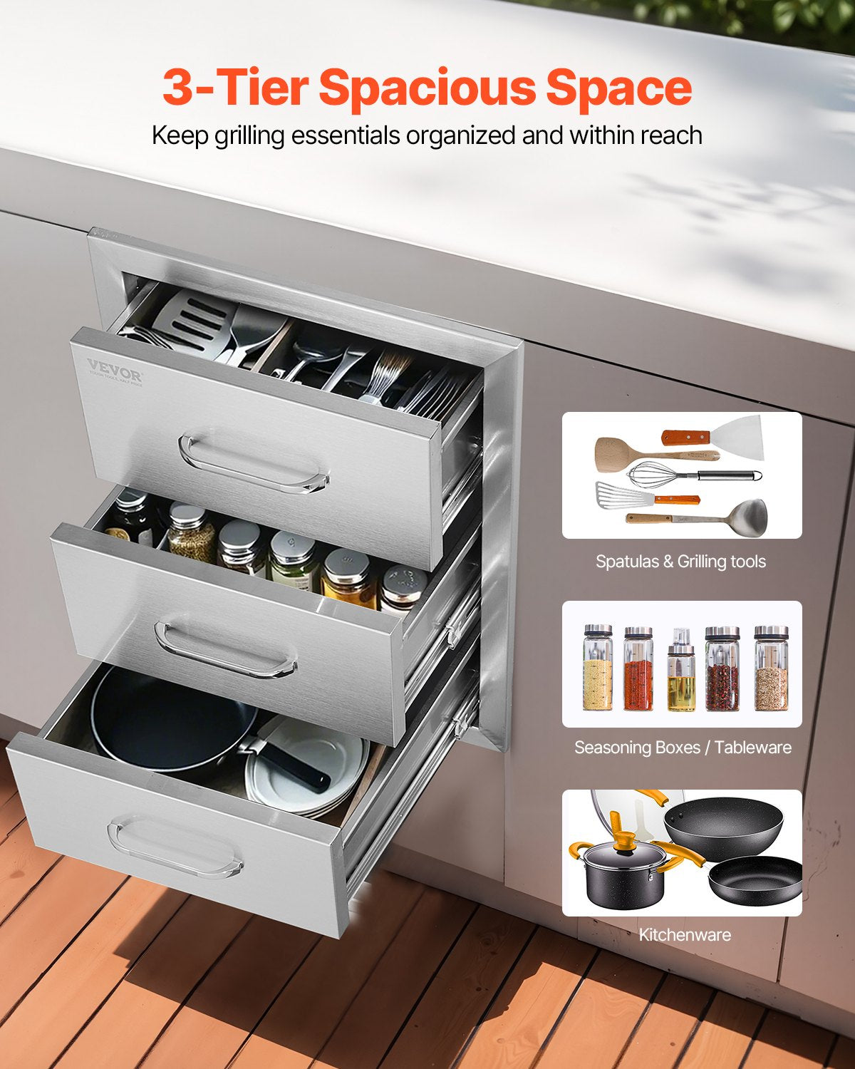 VEVOR Outdoor Kitchen Triple Drawers, 16 in Wide, Stainless Steel — view 2