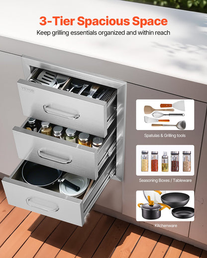 VEVOR Outdoor Kitchen Triple Drawers, 16 in Wide, Stainless Steel — view 2