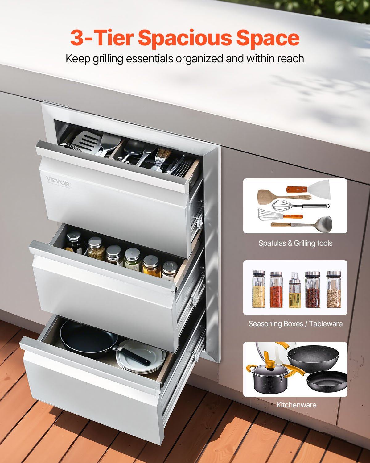 VEVOR Outdoor Kitchen Triple Drawers, 15 in Wide, Stainless Steel — view 2