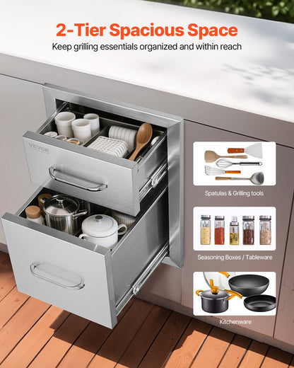 VEVOR Outdoor Kitchen Double Drawers, 13 in Wide, Stainless Steel — view 2