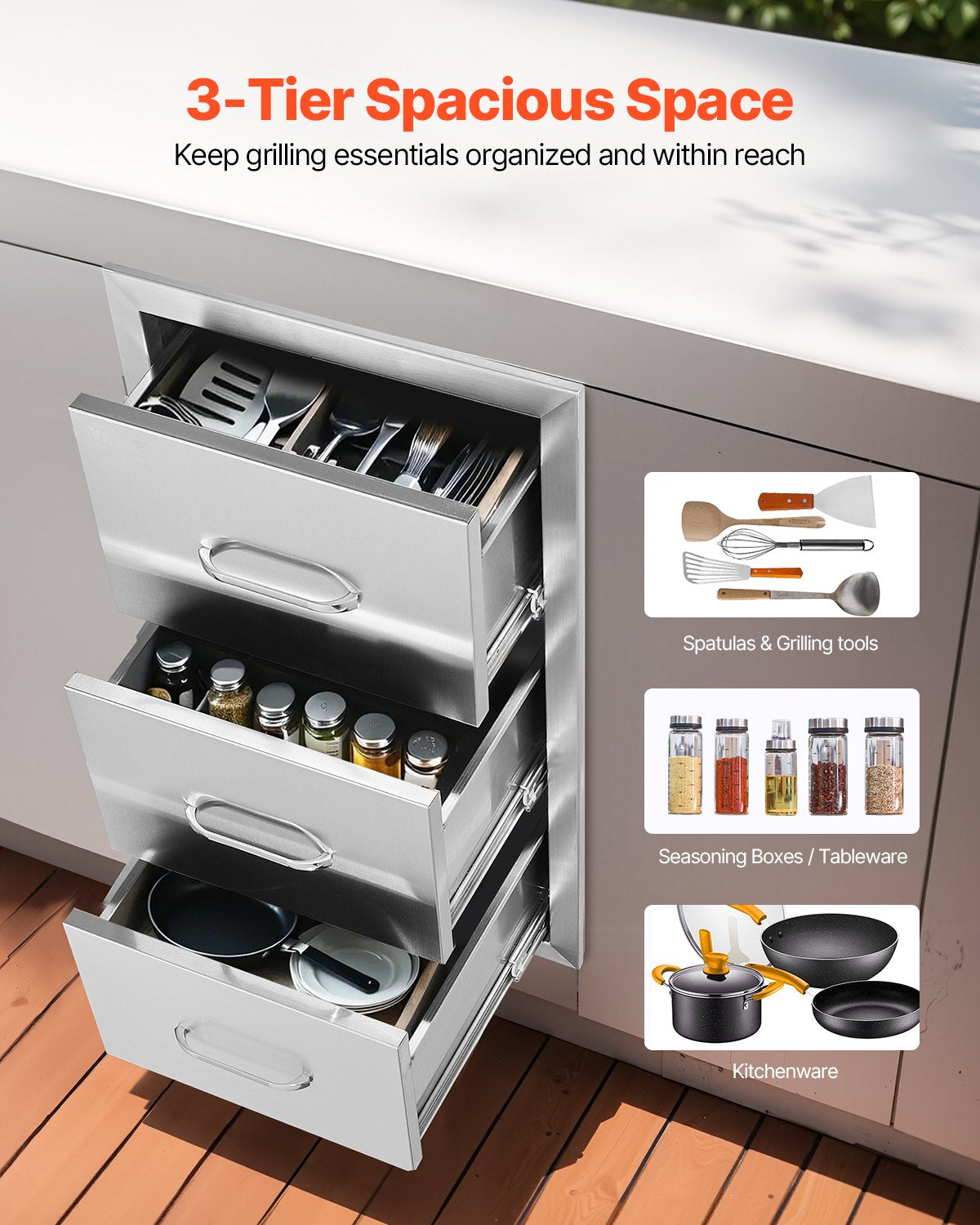 VEVOR Outdoor Kitchen Triple Drawers, 16 in Wide, Tall Storage Unit — view 2