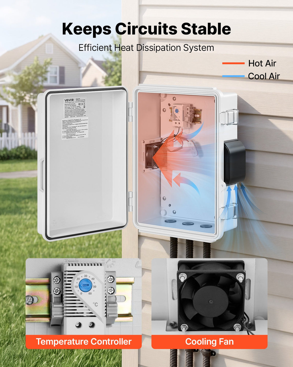 VEVOR Outdoor Electrical Box, ABS, Waterproof Electrical Junction Box with Thermostat and Fan, Mounting Plate, Cable Grommets, Ventilated Plastic Enclosure, 14.2 x 10.8 x 5.9 in, IP65 for Indoor/Outdoor - ABSDQXABS157BSV98001V7 - view 4