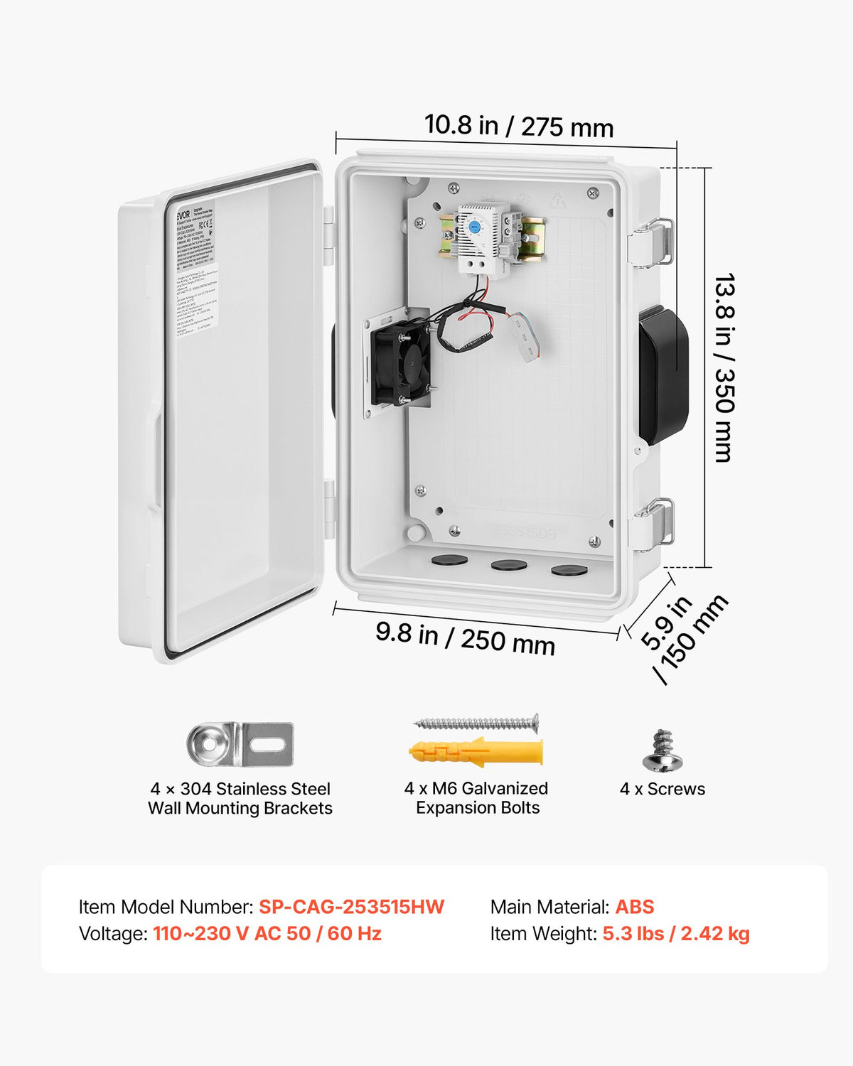 VEVOR Outdoor Electrical Box, ABS, Waterproof Electrical Junction Box with Thermostat and Fan, Mounting Plate, Cable Grommets, Ventilated Plastic Enclosure, 14.2 x 10.8 x 5.9 in, IP65 for Indoor/Outdoor - ABSDQXABS157BSV98001V7 - view 8