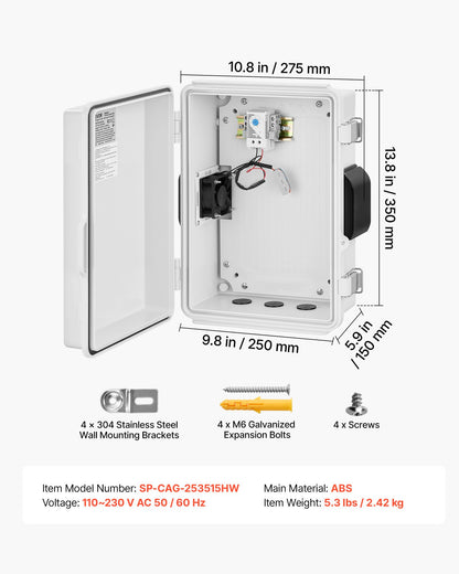VEVOR Outdoor Electrical Box, ABS, Waterproof Electrical Junction Box with Thermostat and Fan, Mounting Plate, Cable Grommets, Ventilated Plastic Enclosure, 14.2 x 10.8 x 5.9 in, IP65 for Indoor/Outdoor - ABSDQXABS157BSV98001V7 - view 8