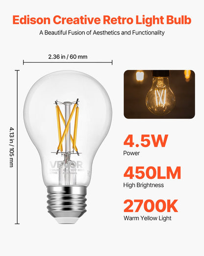 VEVOR 6 Pack Edison Bulbs LED, A19 Vintage Edison Light Bulbs, 4.5W Dimmable 450 Lumens, 2700K Warm White, E26 Base LED Filament Bulb, Antique Glass Style for Home, Bedroom, Office, Farmhouse,CRI80+ - ADSDP6GA1900P0T50001V6 - view 3