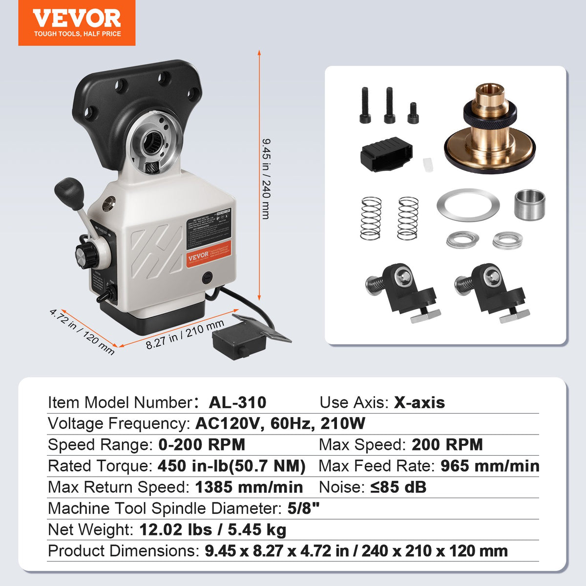VEVOR X-Axis Power Feed for Milling Machine, 450 in-lb Torque, 0-200RPM Adjustable Rotate Speed 120V Power Table Feed Mill Feeder, for Bridgeport Some Knee Type Mills with a 5/8" End Shaft Diameter - AL-310SXCZDQ00000V1 - view 8
